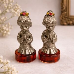Vintage Italian Peltro Pewter Praying Girl Figurines Amber Base Italy Set